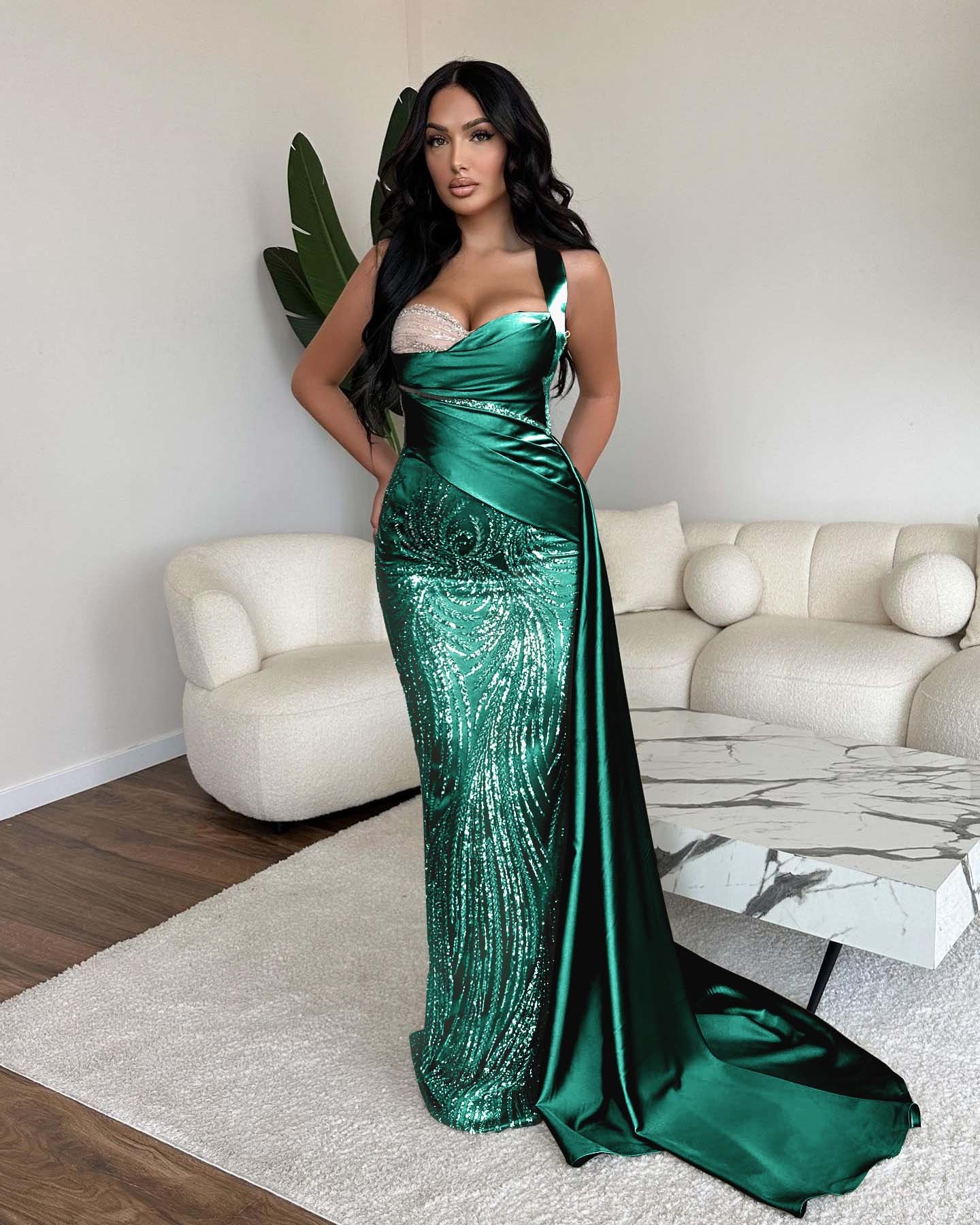 Straps Sweetheart Sleeveless Long Mermaid Prom Dress With Sequins