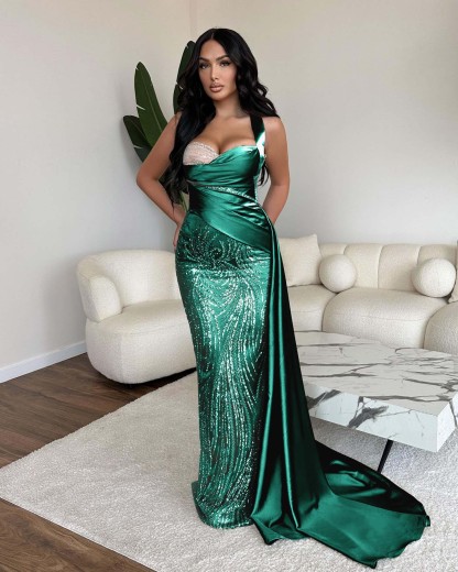 Straps Sweetheart Sleeveless Long Mermaid Prom Dress With Sequins