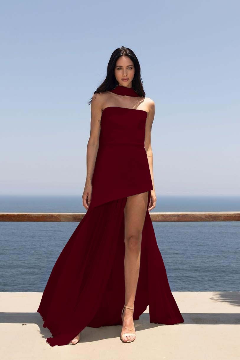 Strapless Sleeveless Split Long Prom Dress With Pleated Tulle