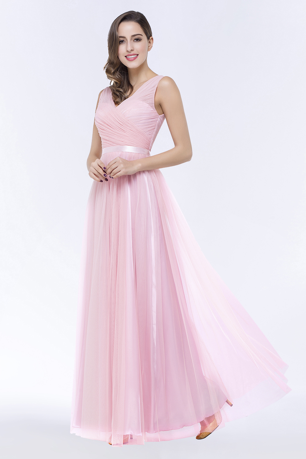 BMbridal Elegant Tulle V-Neck Sleeveless Ruffle Long Bridesmaid Dress with Sash-BMbridal