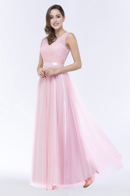 BMbridal Elegant Tulle V-Neck Sleeveless Ruffle Long Bridesmaid Dress with Sash-BMbridal
