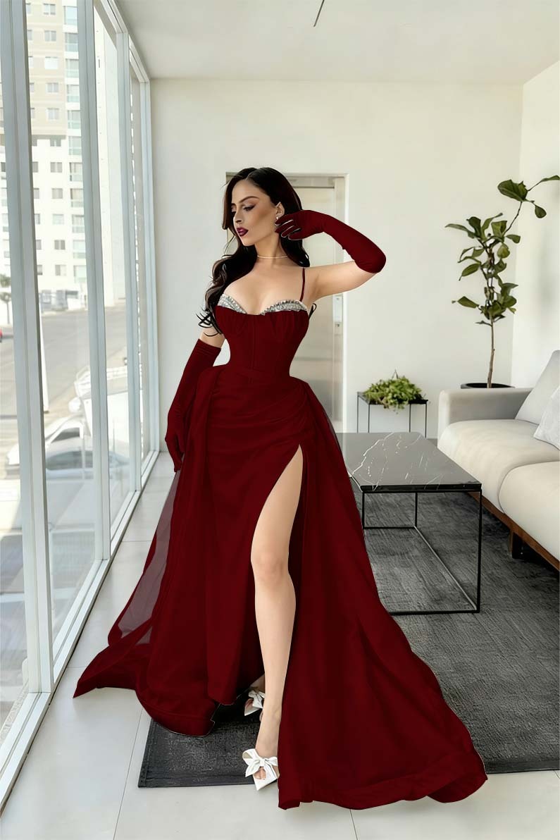 Spaghetti Strap Sleeveless Long Mermaid Prom Dress With Split Gloves