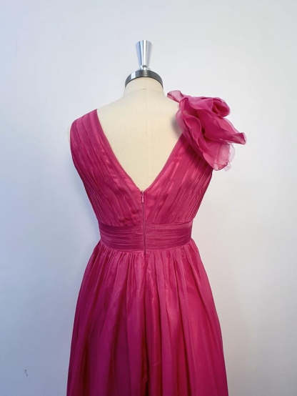 V-neck sleeveless A-line princess floor-length formal evening gown with side slit