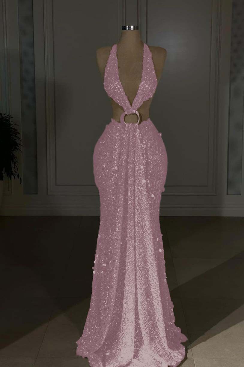 Halter Sleeveless Backless Long Mermaid Prom Dress With Sequins