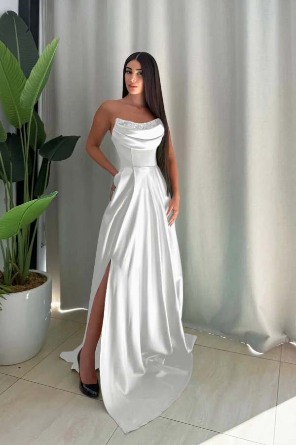 Strapless Sleeveless Long Split Prom Dress With Pleated Sequin