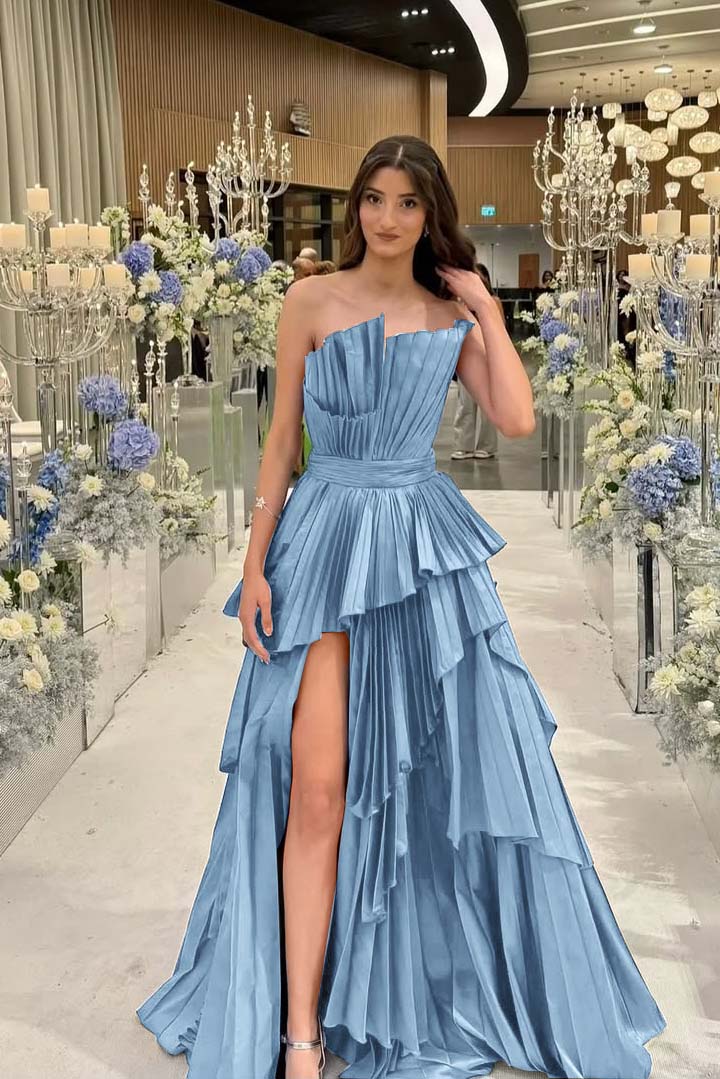 Charming Strapless Sleeveless Long Split Prom Dress With Pleated