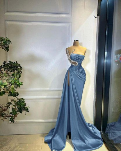 Strapless Sleeveless Long Mermaid Split Prom Dress With Beading