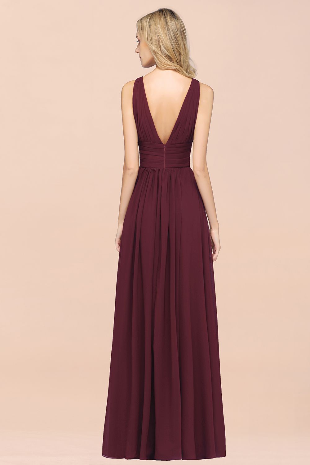 BMbridal Elegant V-Neck Burgundy Chiffon Affordable Bridesmaid Dress with Ruffle-BMbridal
