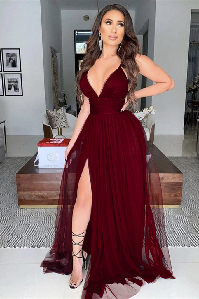 Black Tulle Sleeveless Modern Deep V Neck Long Prom Dress With High Split