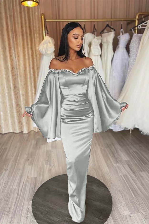 Off the Shoulder Long Sleeves Pleated Long Prom Dress With Beading