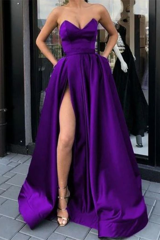 Sweetheart Strapless Sleeveless Long Prom Dress Purple Split With Pockets