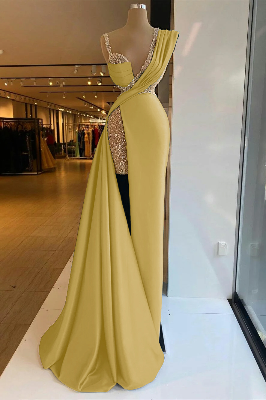 Straps Sleeveless High Split Long Prom Dress With Sequins Ruffles