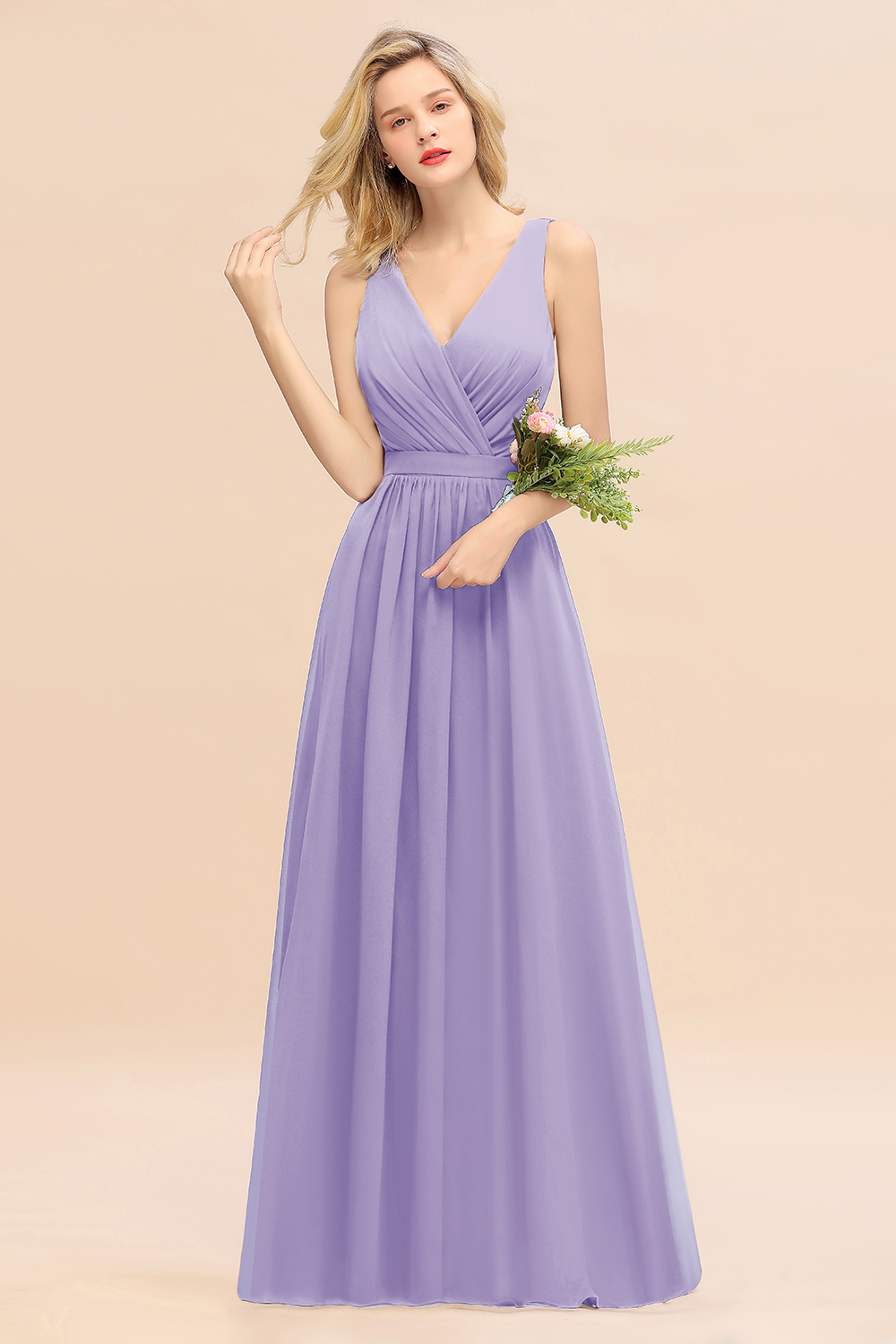 BMbridal Affordable V-Neck Ruffle Long Grape Chiffon Bridesmaid Dress with Bow-BMbridal