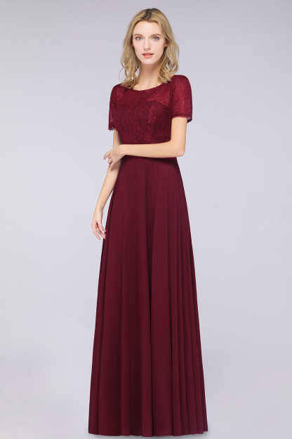 BMbridal Chic Lace Long Burgundy Backless Bridesmaid Dress With Short-Sleeves-BMbridal