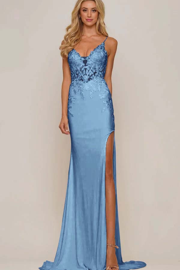 Spaghetti Strap Sleeveless Long Mermaid Prom Dress With Appliques