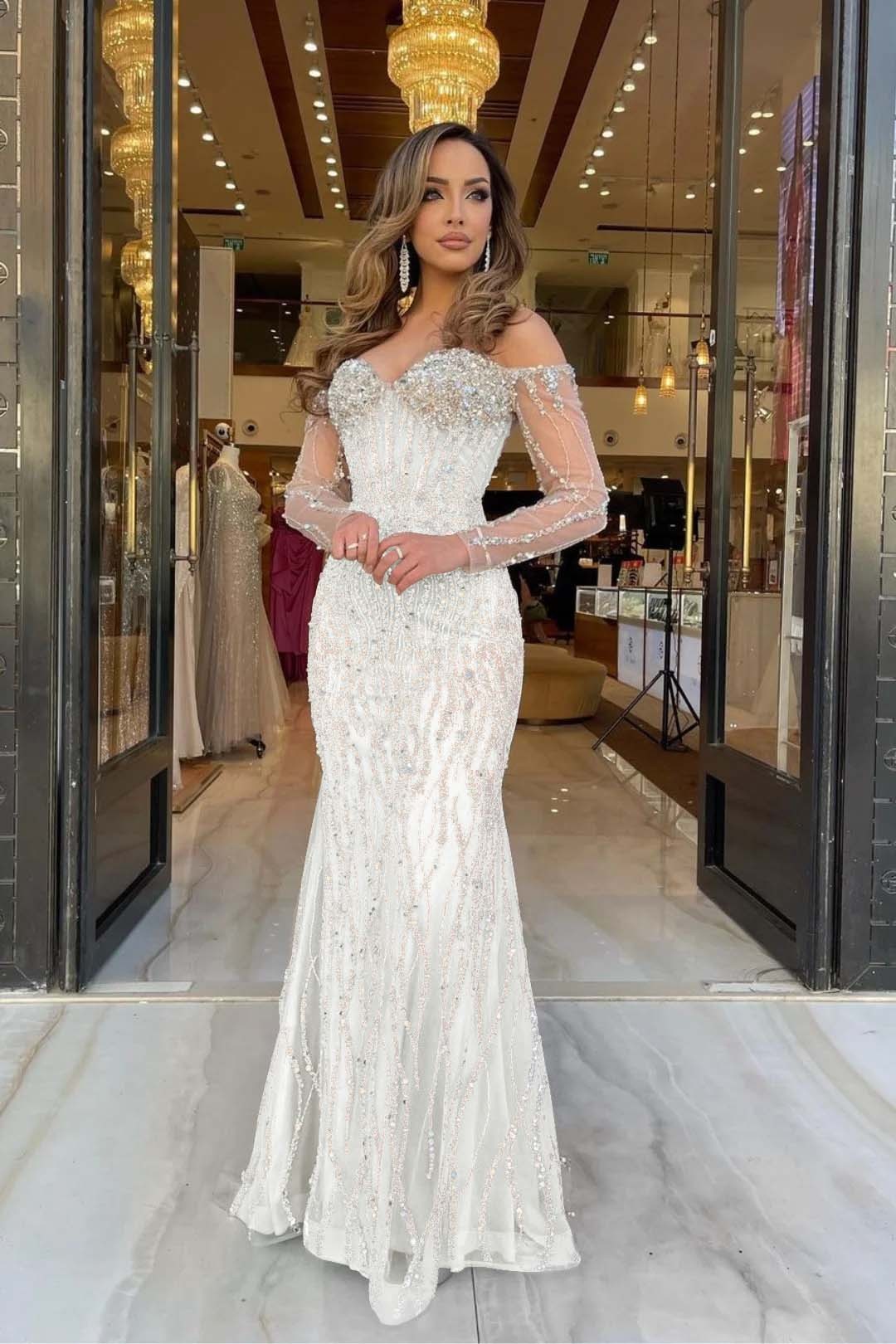 Heavy Prom Dress Sweetheart Long Sleeves Strapless Beading Long Tulle