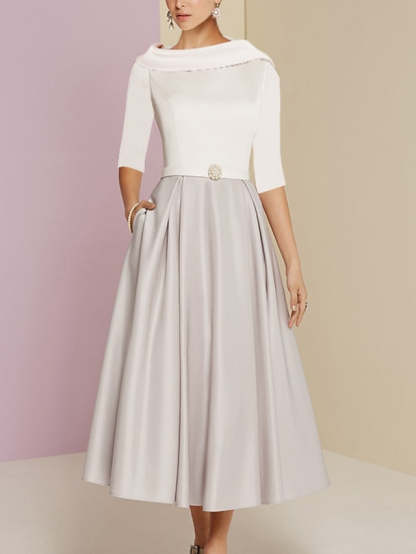 Tea-Length Mother of the Bride A-Line Dress with Jewel Neckline Half Sleeves Pleats and Pockets
