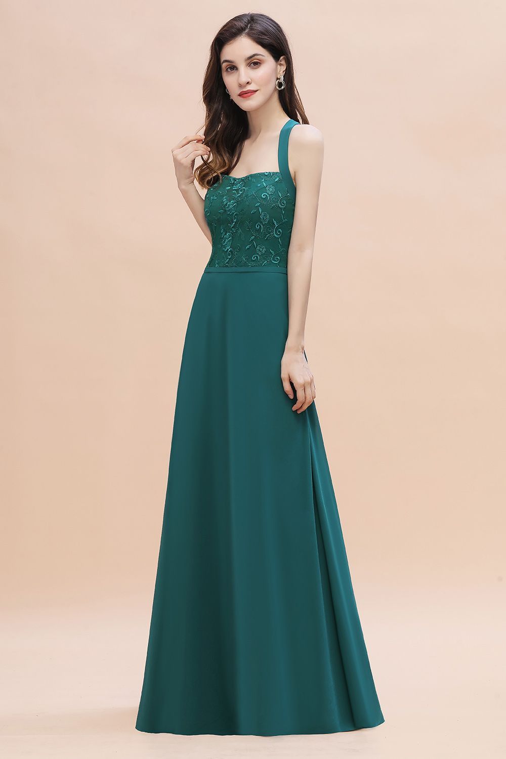 BMbridal Elegant Straps Peacock Chiffon Appliques Bridesmaid Dress Sleeveless On Sale-BMbridal