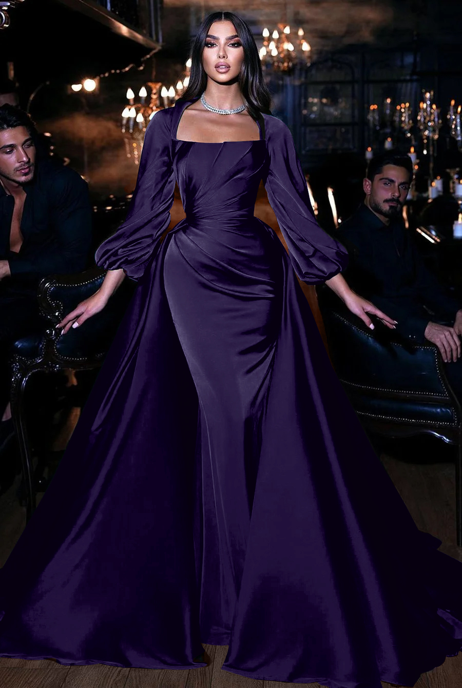 Square Emerald Long Sleeves Pleated Long Mermaid Prom Dress With Ruffles