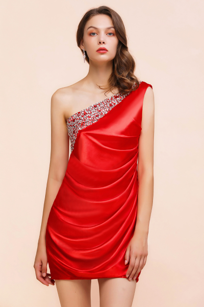 BMbridal Chic One Shoulder Beading Ruffle Red Bridesmaid Dress with Detachable Skirt-BMbridal