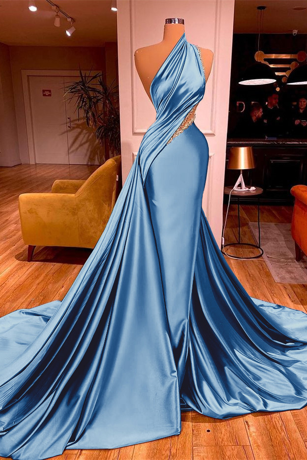 Chic Sleeveless Long Beadings Mermaid Prom Dress One Shoulder With Ruffles