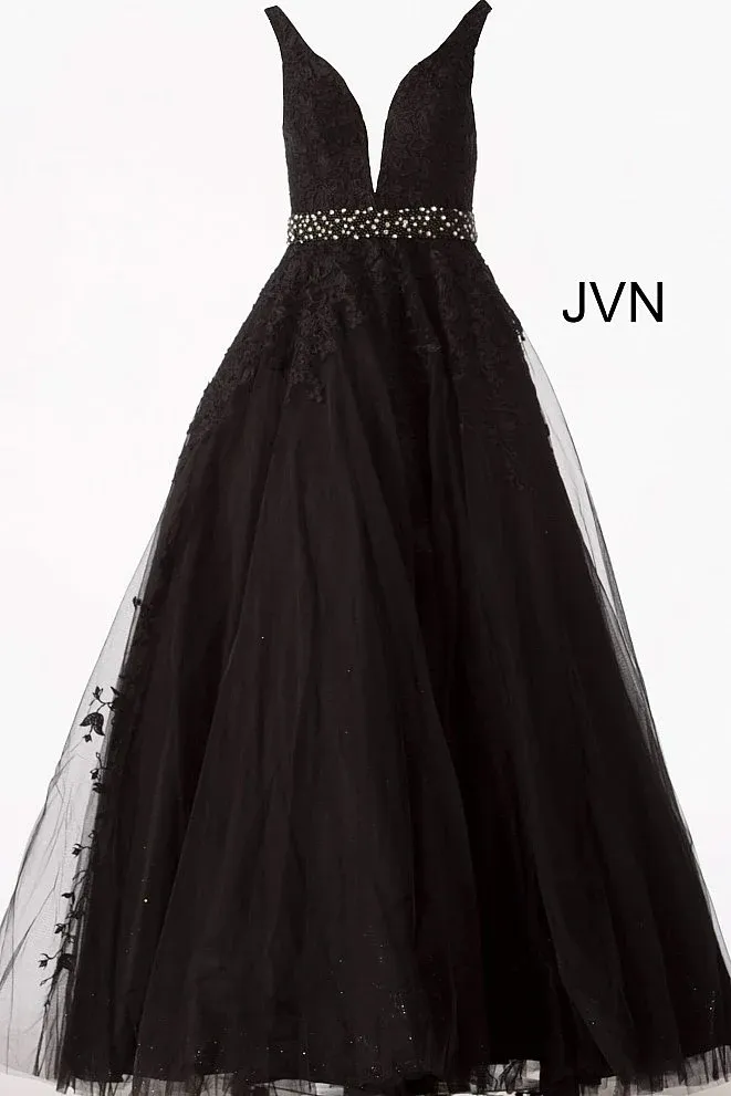 Black V Neck Backless Sleeveless Prom Dress With Applique Beading