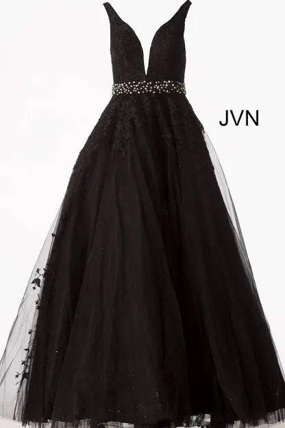 Black V Neck Backless Sleeveless Prom Dress With Applique Beading
