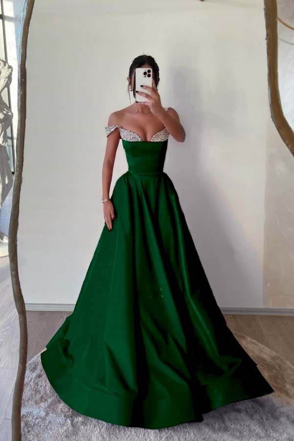 Off the Shoulder Sleeveless Long Prom Dress With Beading Pleated