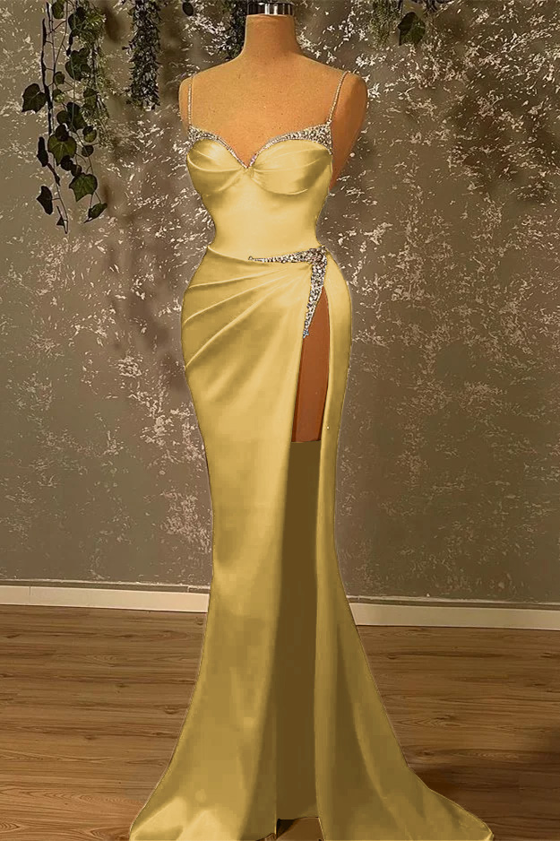 Spaghetti Strap Sleeveless Mermaid Long Prom Dress With Split Beading