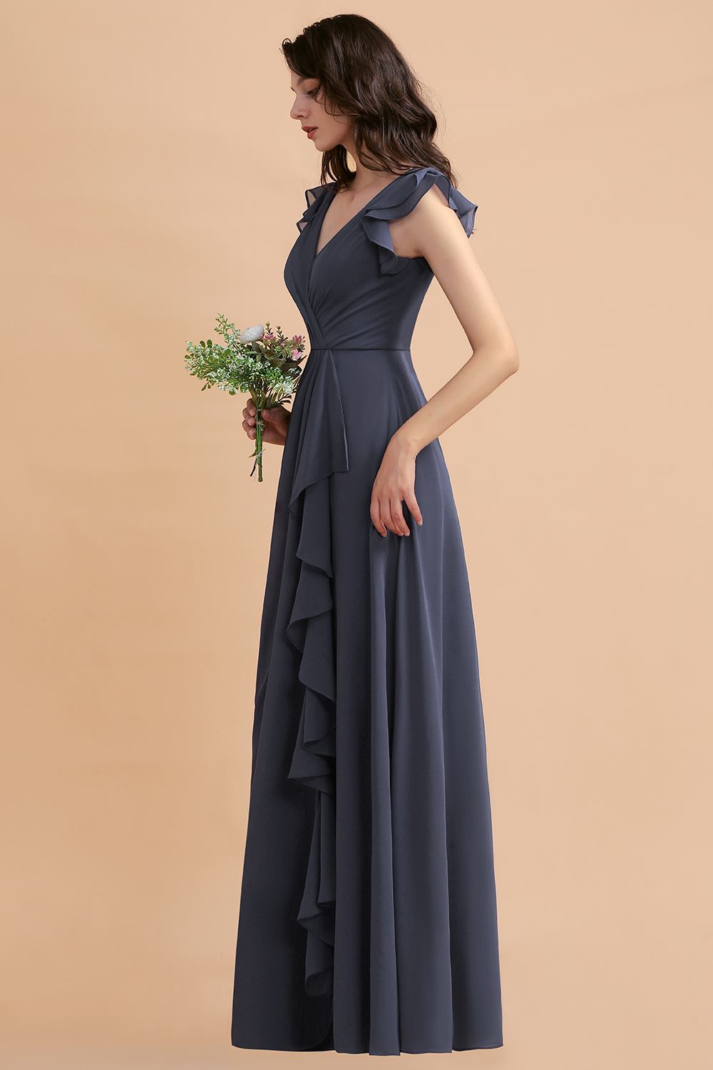 BMbridal Affordable V-Neck Chiffon Ruffles Bridesmaid Dress with Pockets On Sale-BMbridal