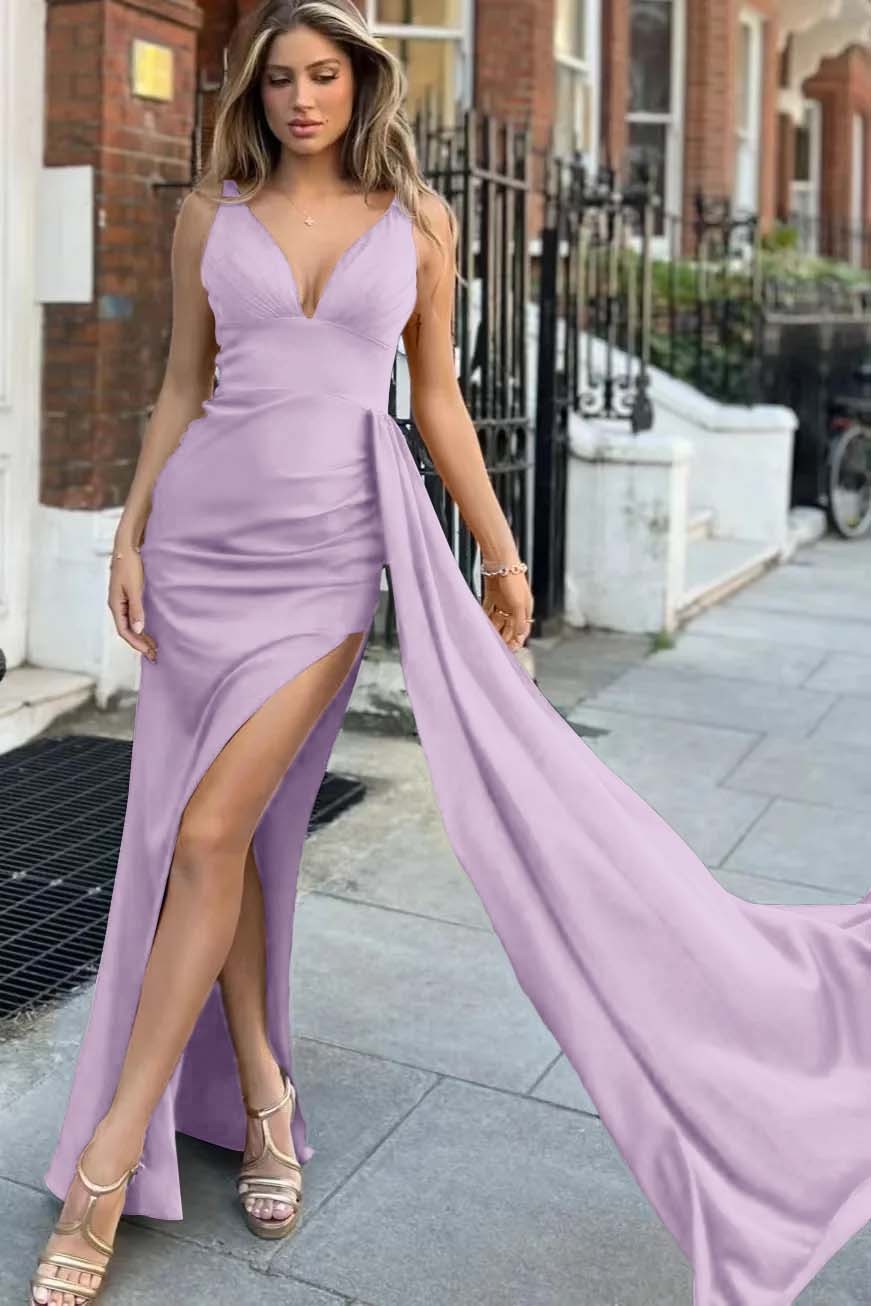 Royal Blue Straps Deep V Neck Mermaid Prom Dress With Split Ruffles