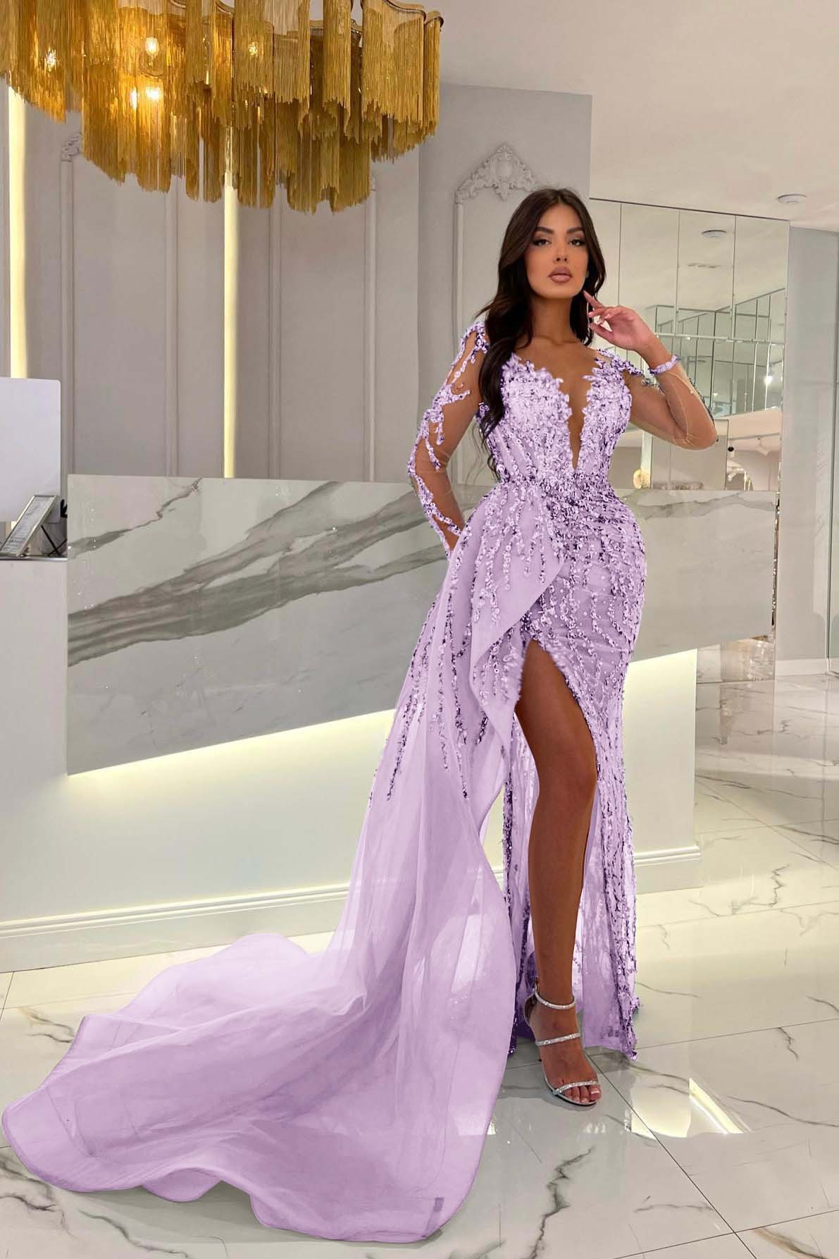 Shiny Blue Split Long Sleeves Mermaid Beaded Prom Dress Appliques Tulle