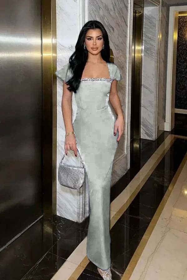 Sleeveless Square Neck Long Mermaid Prom Dress With Pleated Beading