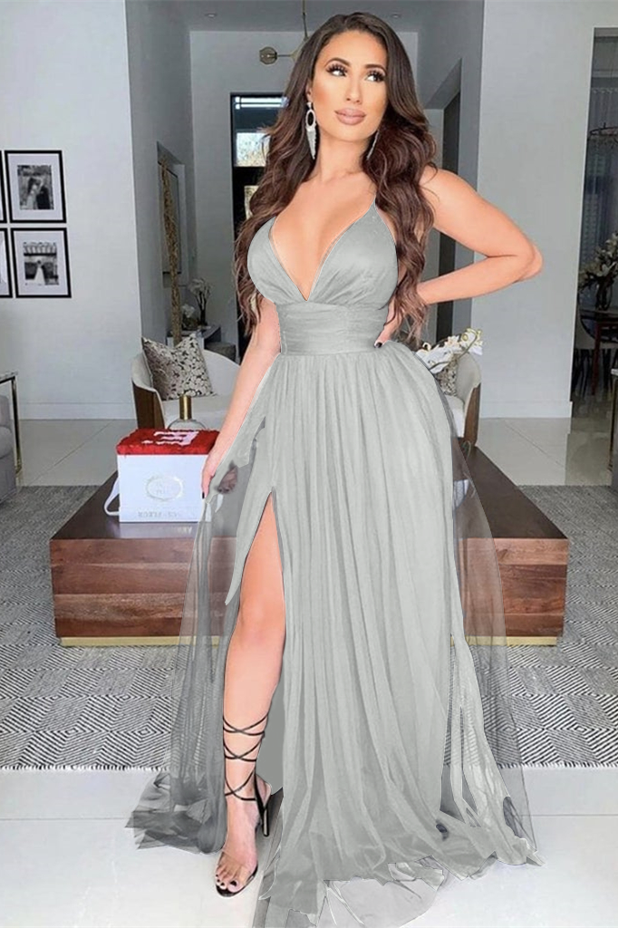 Black Tulle Sleeveless Modern Deep V Neck Long Prom Dress With High Split