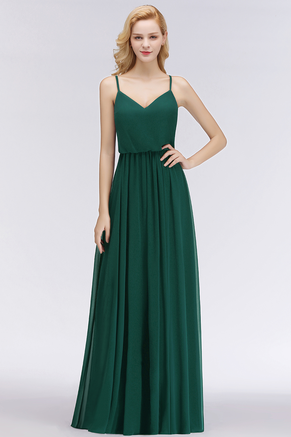 BMbridal Dark Green Chiffon Spaghetti-Straps Modest Bridesmaid Dress Online-BMbridal