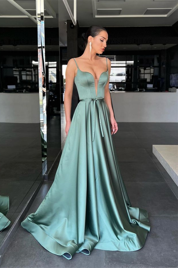 Charming Sage Spaghetti Strap Sleeveless A Line Prom Dress Long With Belt