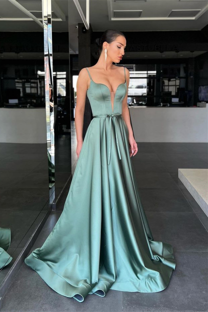 Charming Sage Spaghetti Strap Sleeveless A Line Prom Dress Long With Belt