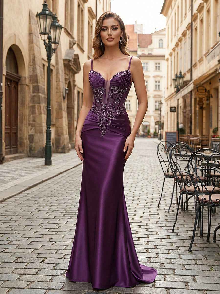 Purple Mermaid Spaghetti Straps Satin Long Corset Appliqued Prom Dress
