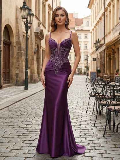 Purple Mermaid Spaghetti Straps Satin Long Corset Appliqued Prom Dress