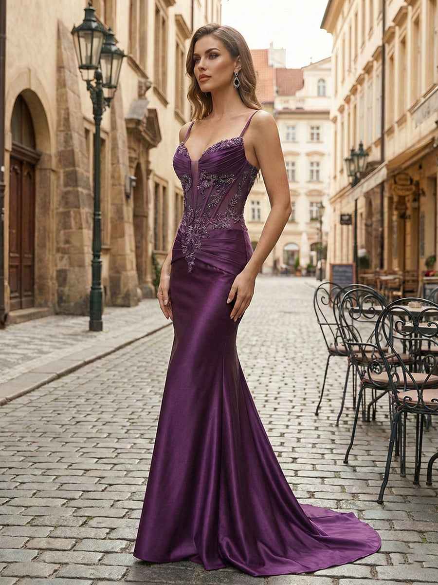 Purple Mermaid Spaghetti Straps Satin Long Corset Appliqued Prom Dress
