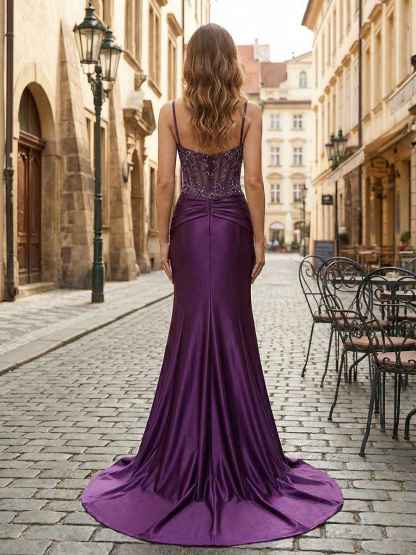 Purple Mermaid Spaghetti Straps Satin Long Corset Appliqued Prom Dress