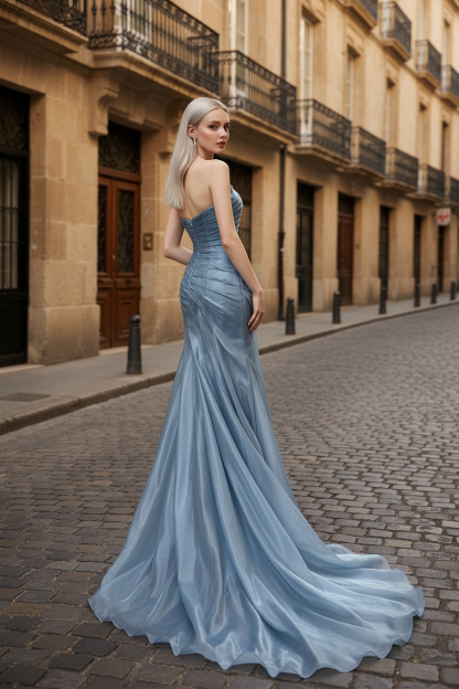 Dusty Blue Pleated Premium water-light satin Mermaid Gown with Sweeping Train