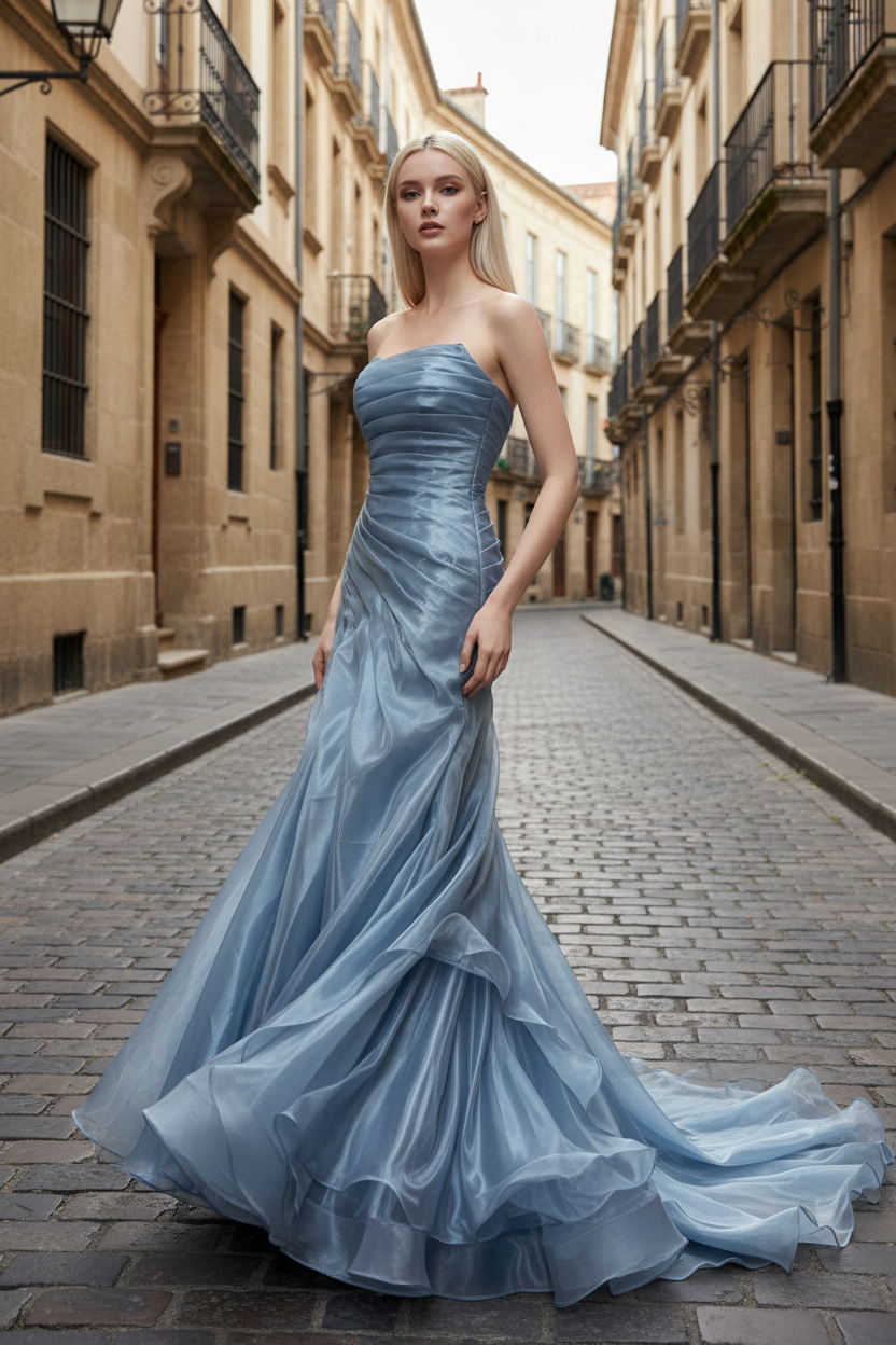 Dusty Blue Pleated Premium water-light satin Mermaid Gown with Sweeping Train