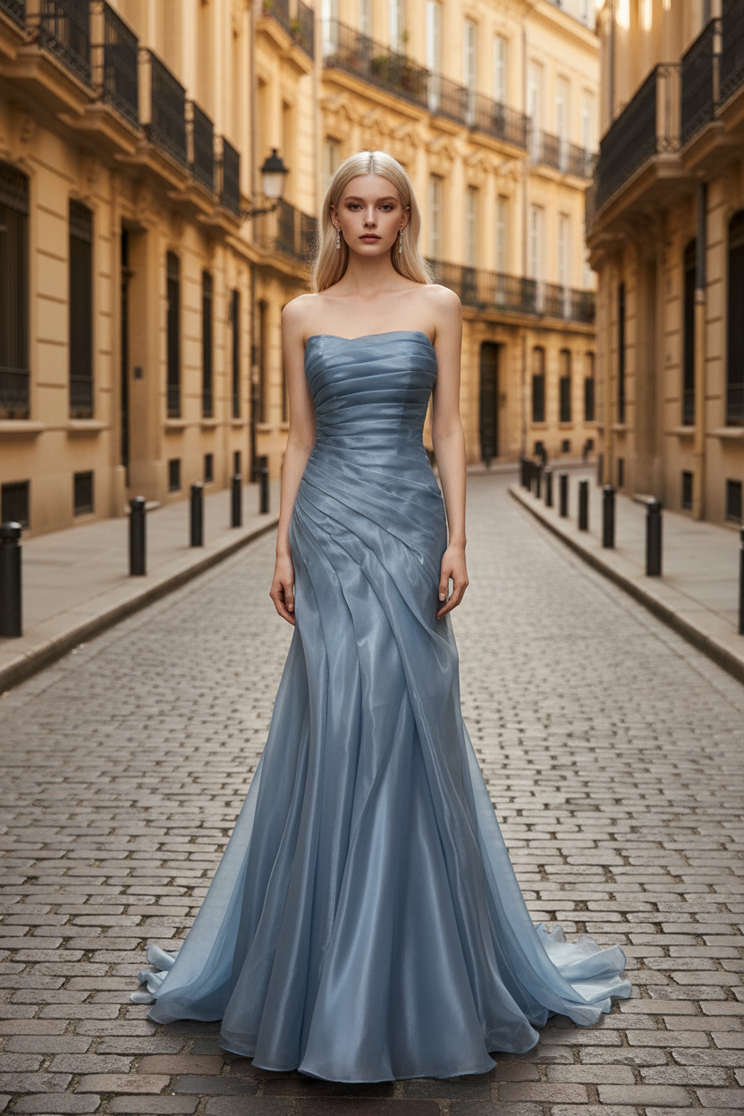 Dusty Blue Pleated Premium water-light satin Mermaid Gown with Sweeping Train
