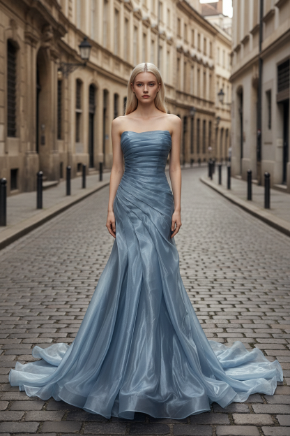 Dusty Blue Pleated Premium water-light satin Mermaid Gown with Sweeping Train