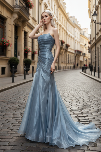 Dusty Blue Pleated Premium water-light satin Mermaid Gown with Sweeping Train