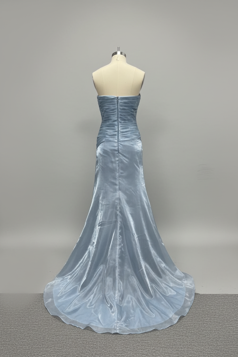 Dusty Blue Pleated Premium water-light satin Mermaid Gown with Sweeping Train