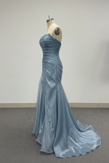 Dusty Blue Pleated Premium water-light satin Mermaid Gown with Sweeping Train