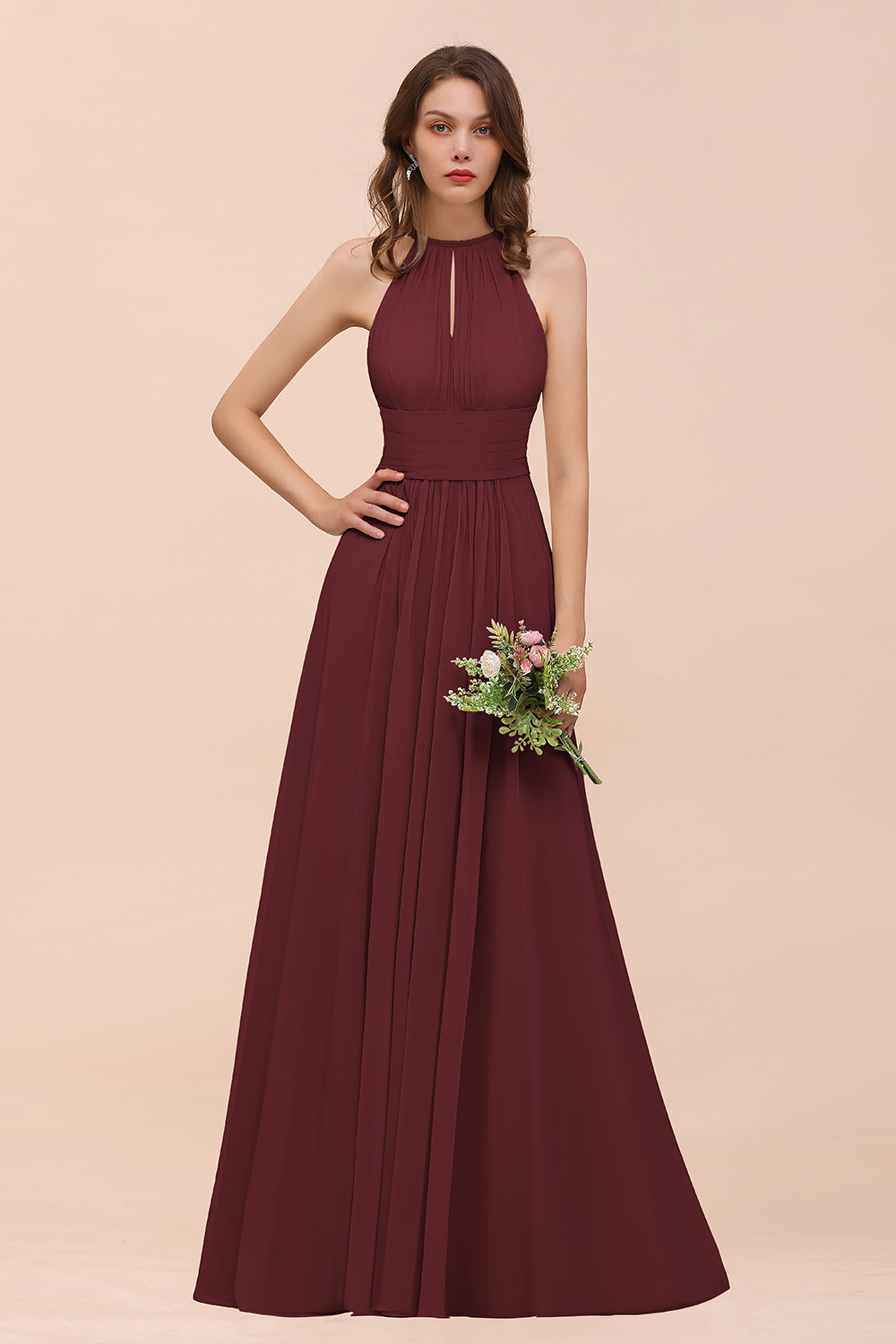 BMbridal Elegant Chiffon Jewel Ruffle Champagne Affordable Bridesmaid Dress Online-BMbridal
