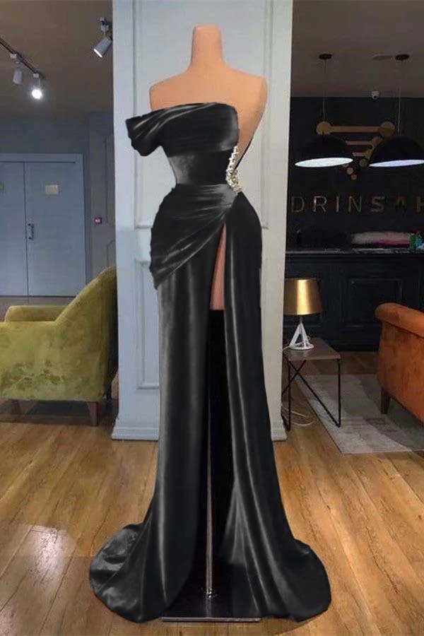 Royal Blue Velvet Sleeveless Strapless Long Split Mermaid Prom Dress With Beading